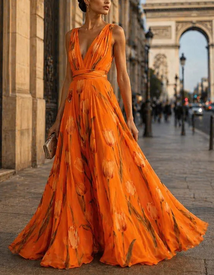 Solid Color Chiffon Tulip Print Maxi Dress – Elirelle