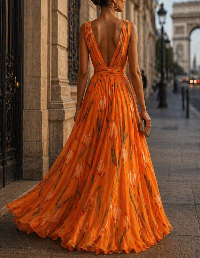 Vestido maxi de gasa color sólido con estampado de tulipanes  