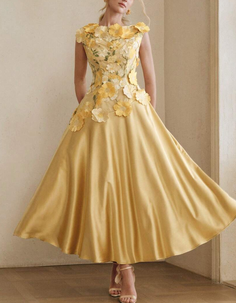 Yellow Round Neck Satin Lace Embroidered Midi Dress