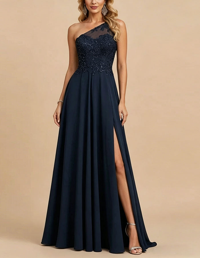 Vestido Maxi Azul Marinho de Chiffon com Renda e Um Ombro