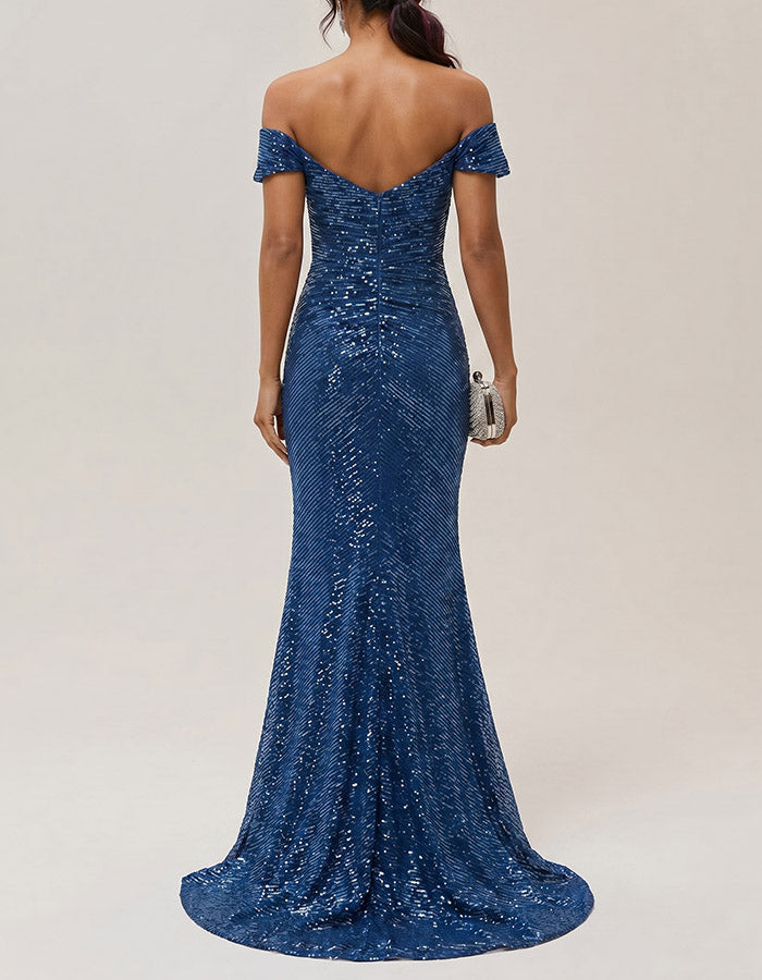 Blue Off-Shoulder Sequin Mermaid Maxi Dress
