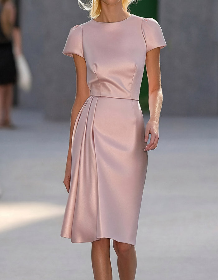 Pink Satin Puff-Sleeve Sheath Midi Dress