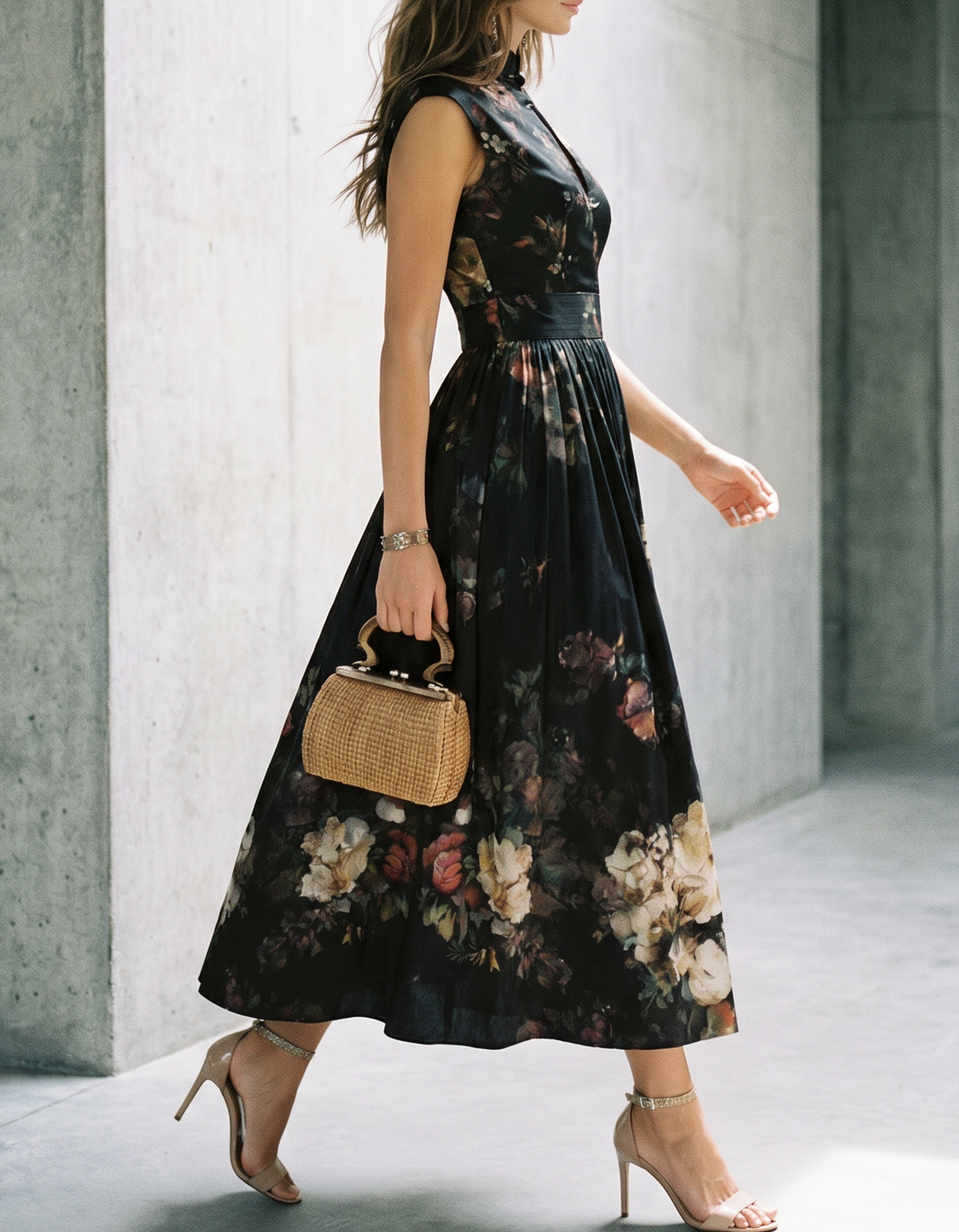 Schwarzes Satin-Midikleid mit hohem Kragen und Print