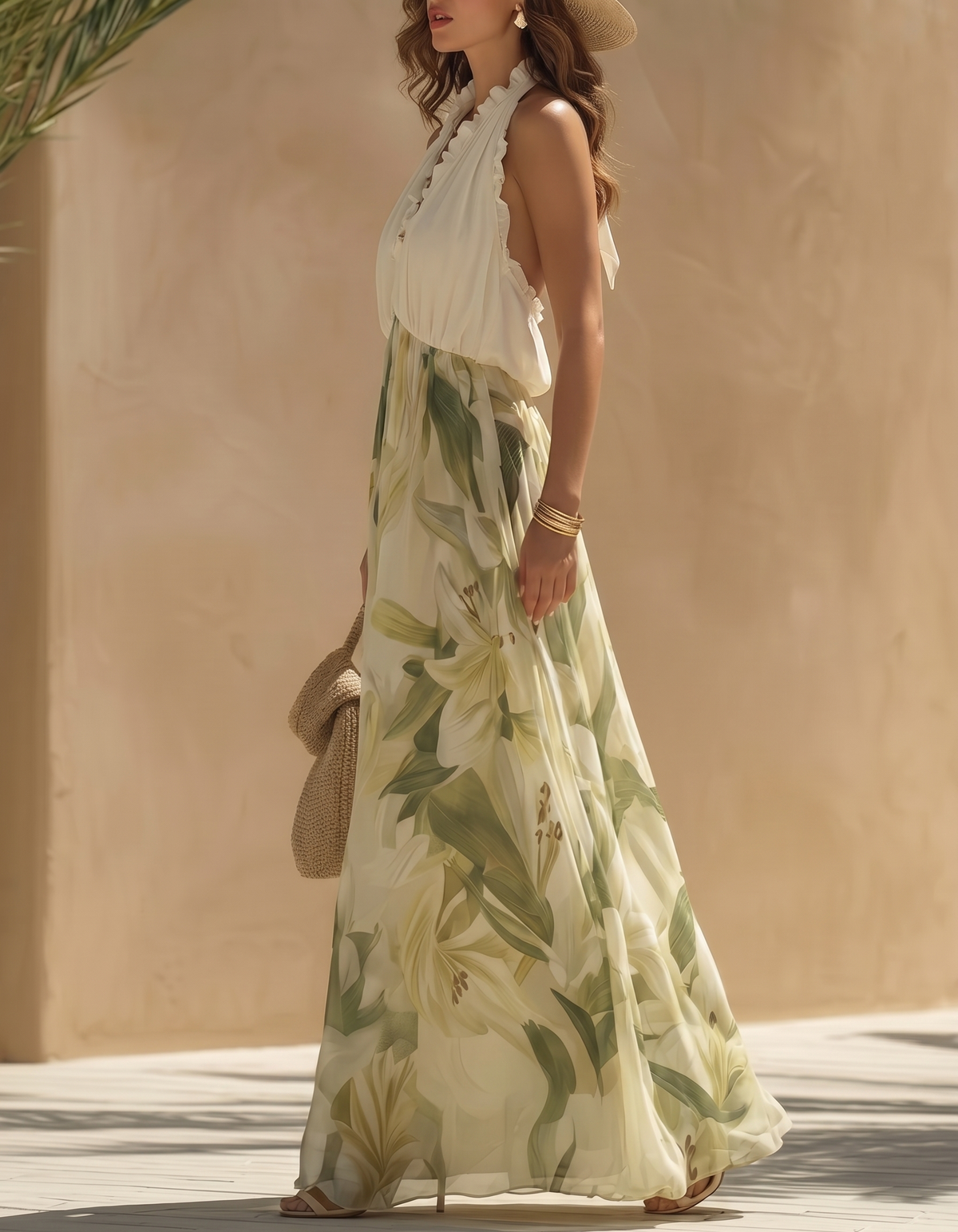 Vestido Maxi de Chiffon Verde Claro com Estampa, Gola Halter