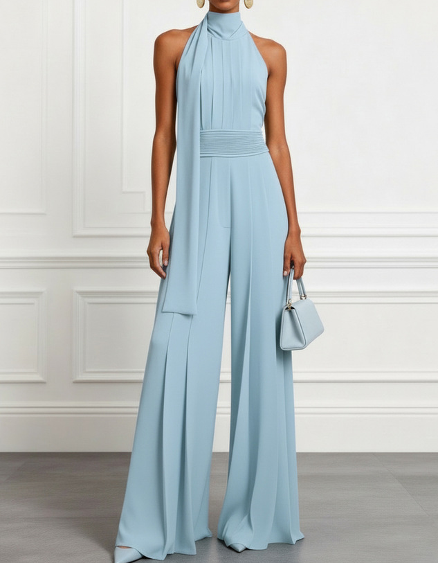 Chiffon Halter-Neck Ribbon Waist-Cinching Jumpsuit