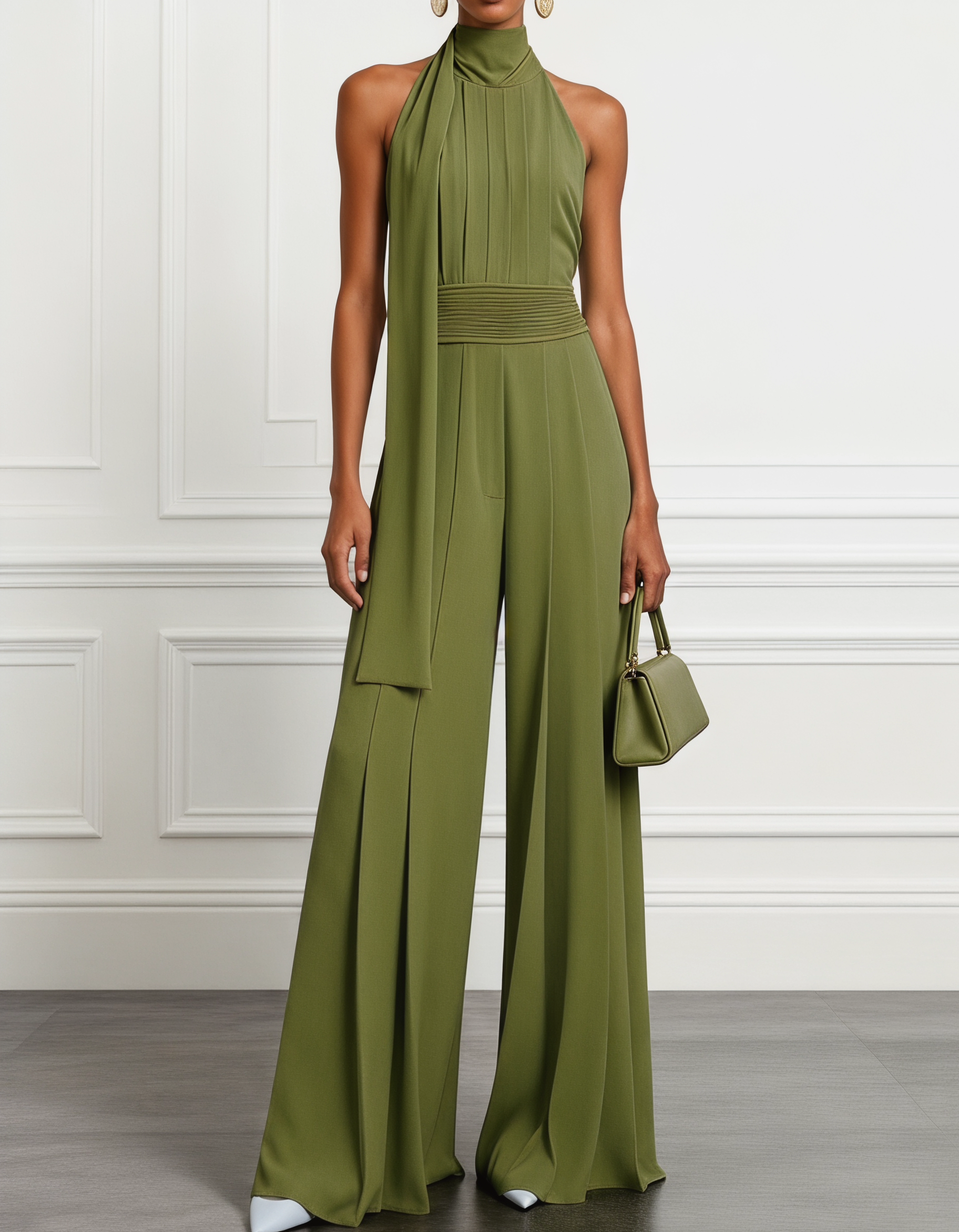 Chiffon Halter-Neck Ribbon Waist-Cinching Jumpsuit