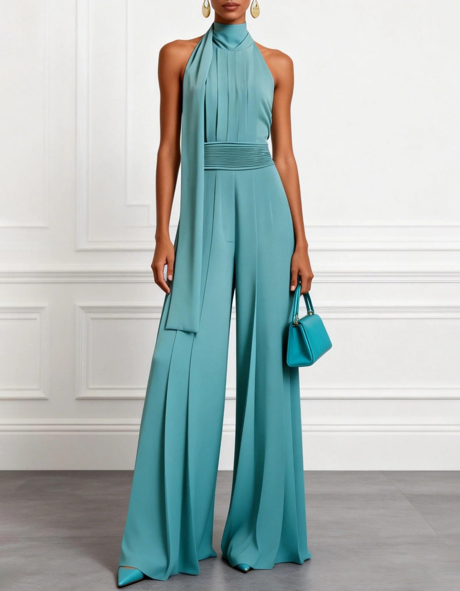 Chiffon Halter-Neck Ribbon Waist-Cinching Jumpsuit