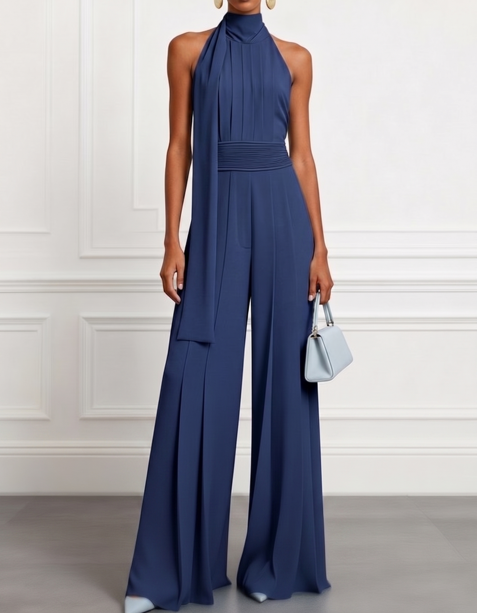 Chiffon Halter-Neck Ribbon Waist-Cinching Jumpsuit