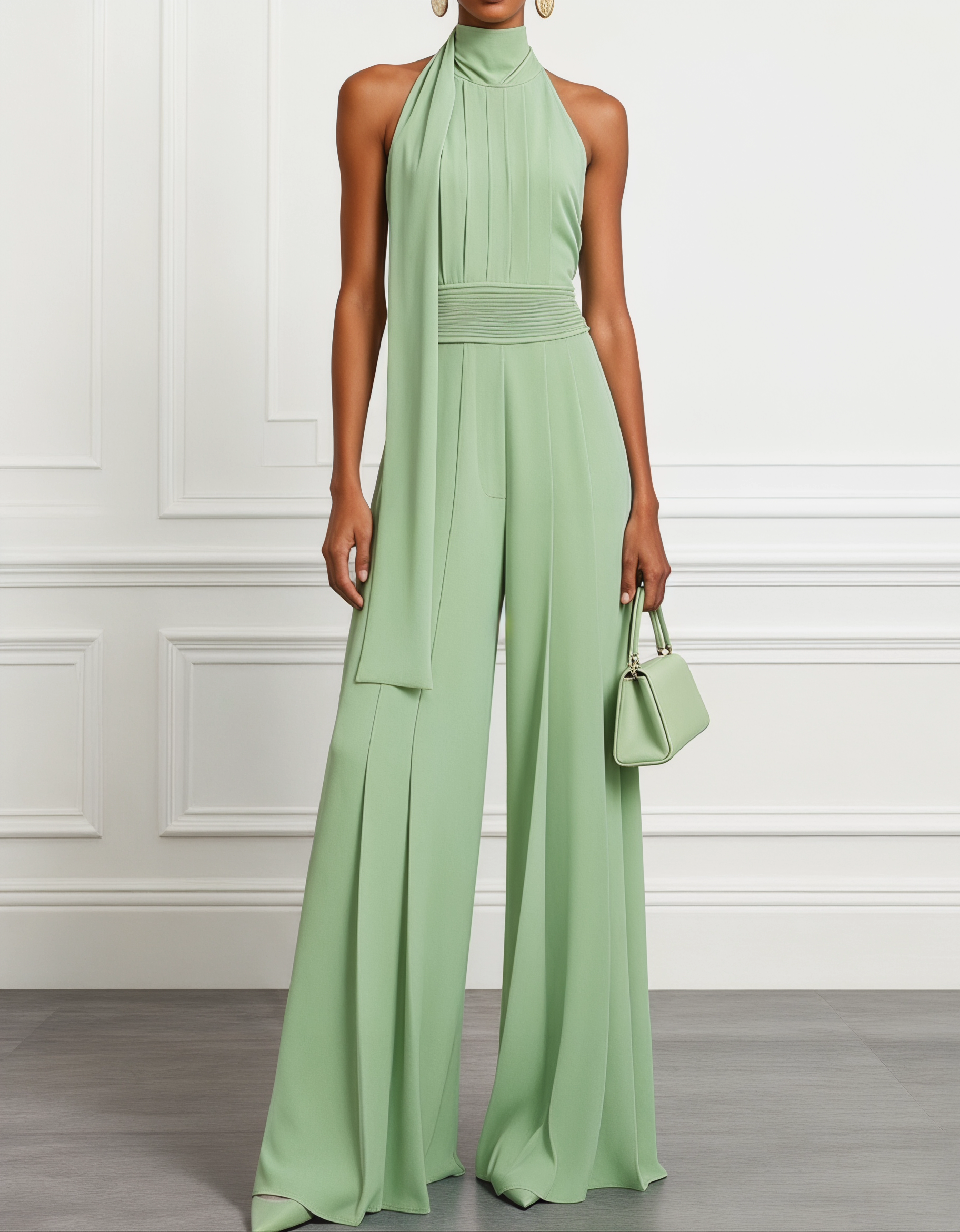 Chiffon Halter-Neck Ribbon Waist-Cinching Jumpsuit