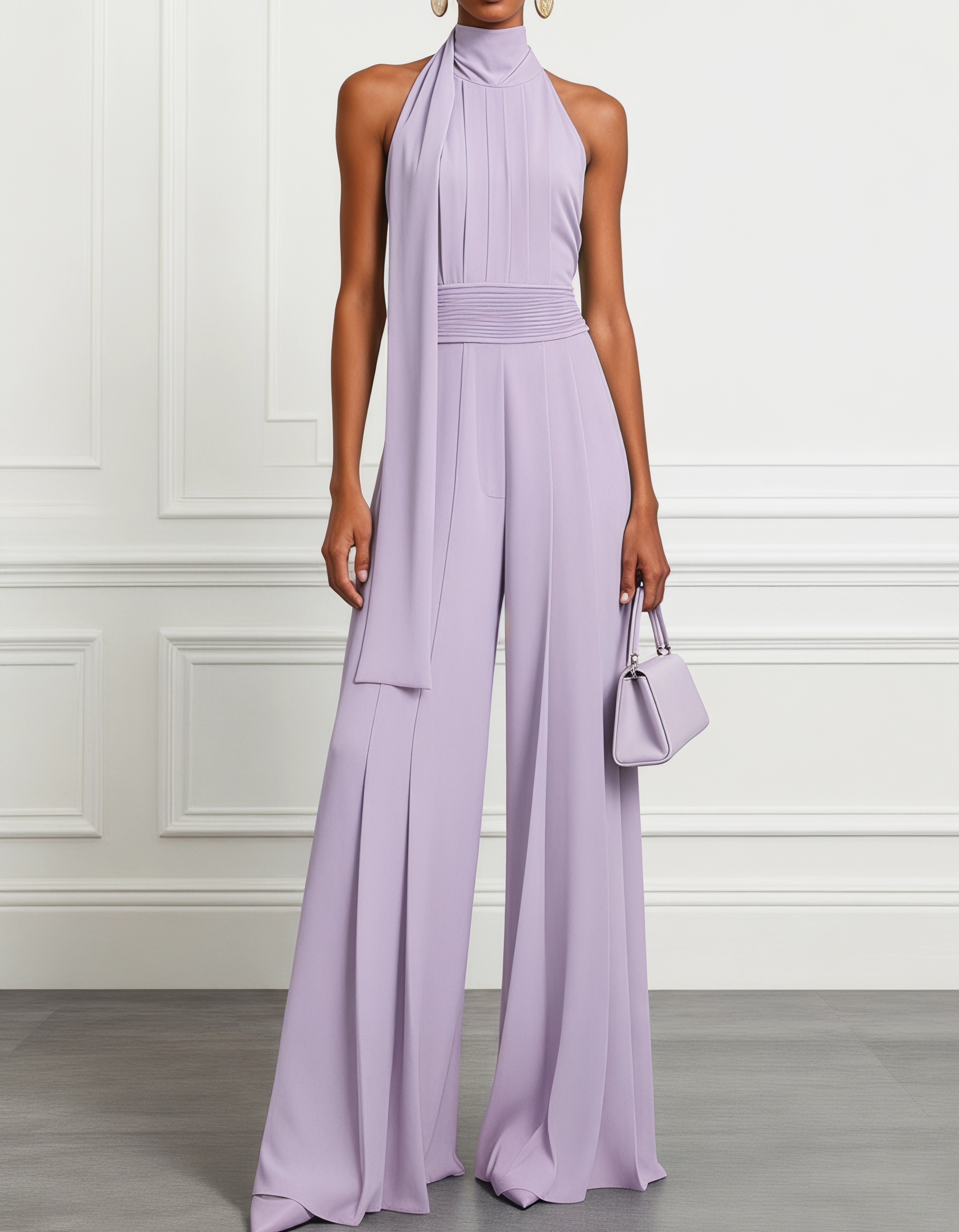 Chiffon Halter-Neck Ribbon Waist-Cinching Jumpsuit