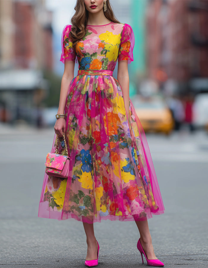 Vestido midi de tul con estampado floral en acuarela  