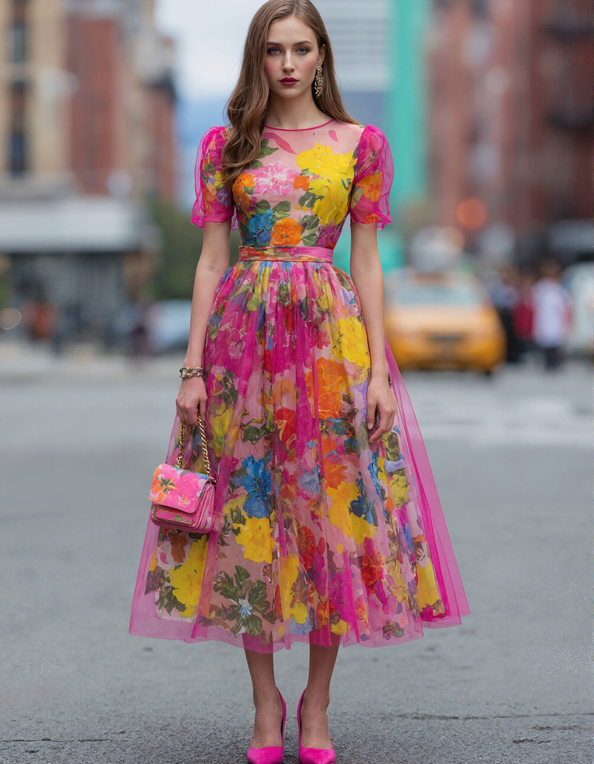 Vestido midi de tul con estampado floral en acuarela  