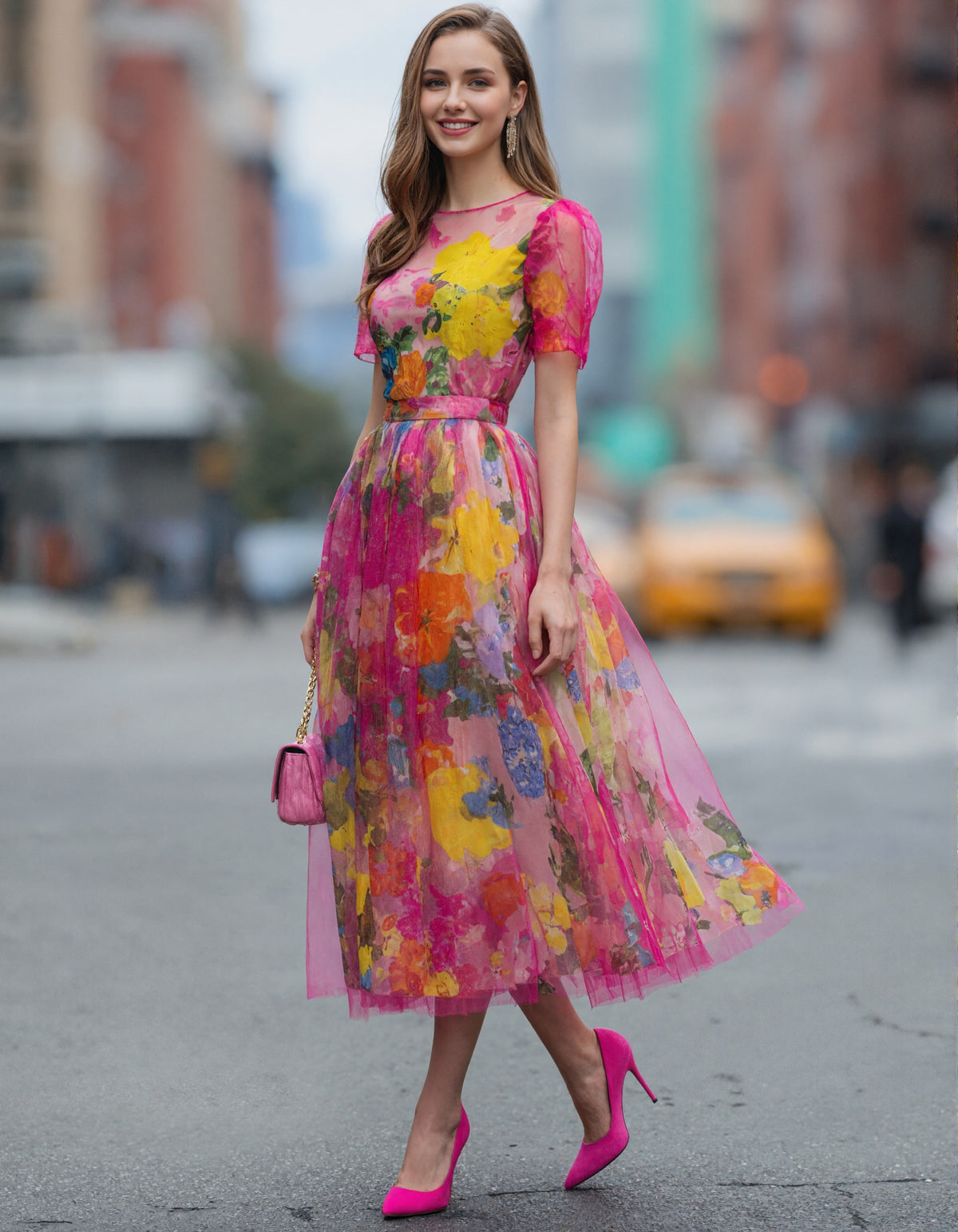 Vestido Midi de Tule com Estampa Floral em Aquarela