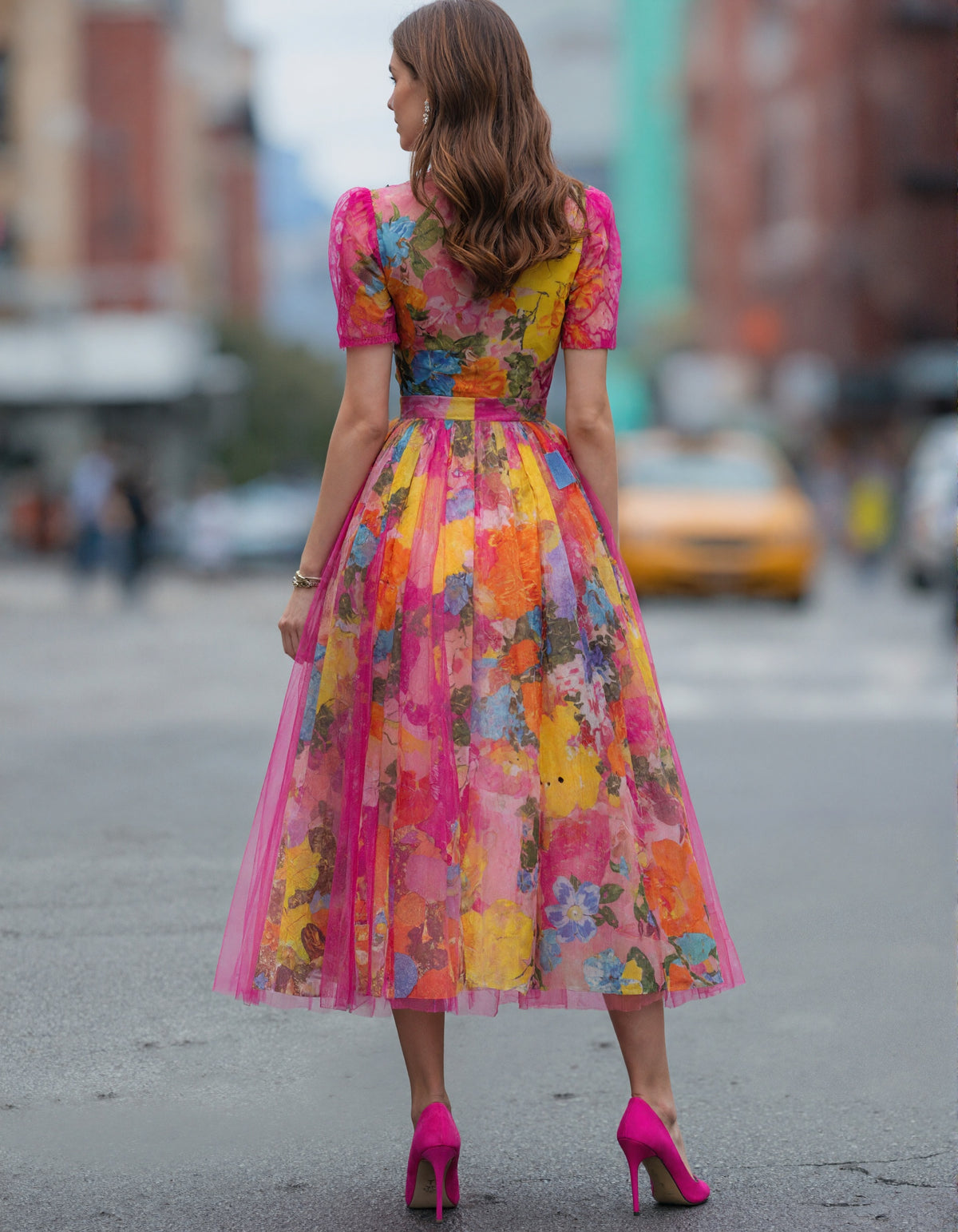 Vestido Midi de Tule com Estampa Floral em Aquarela
