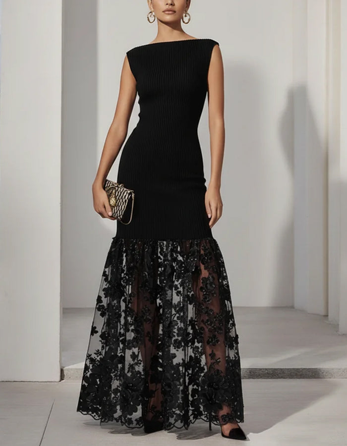 Abito lungo nero con patchwork in pizzo