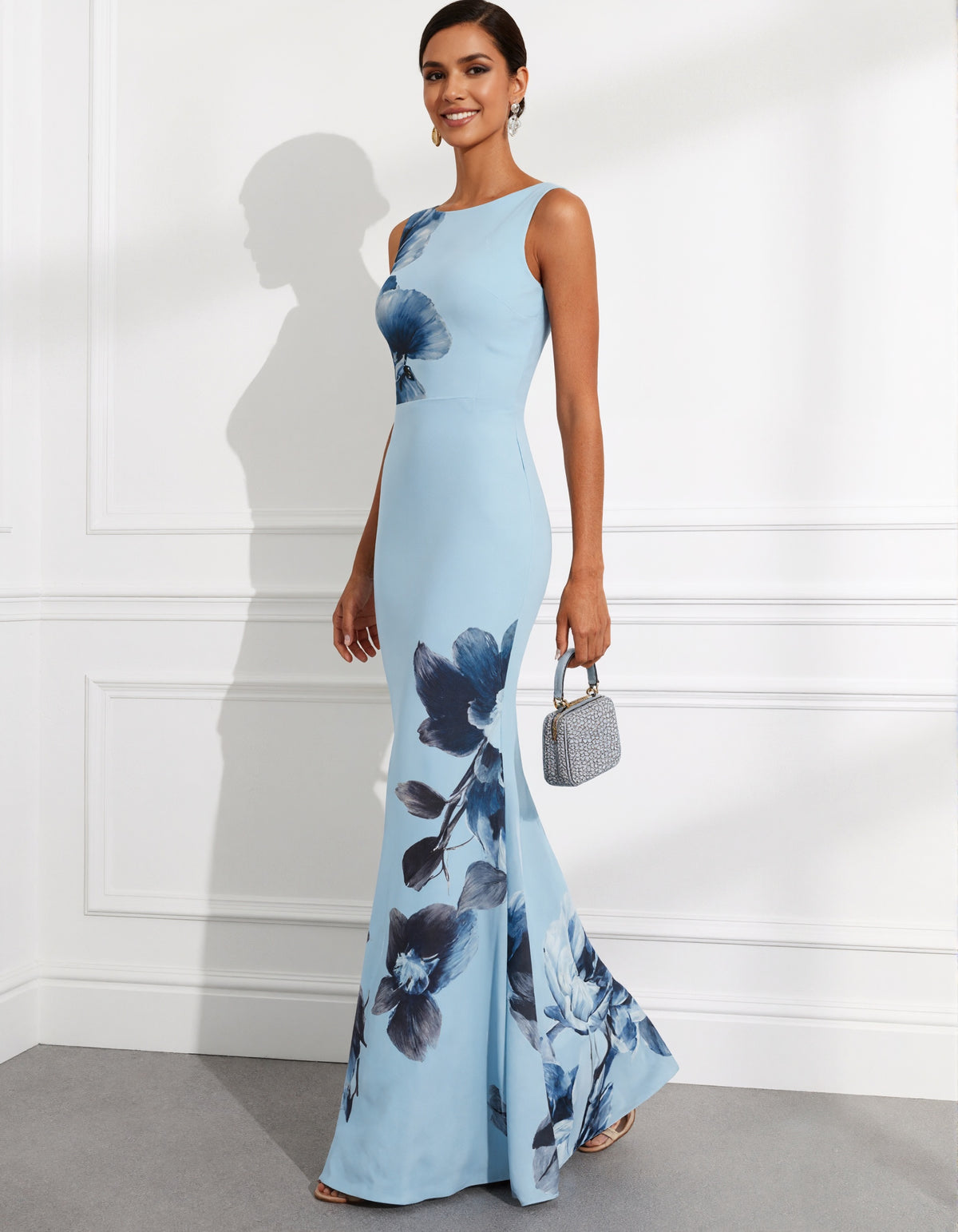 Light Blue Floral Print Maxi Dress