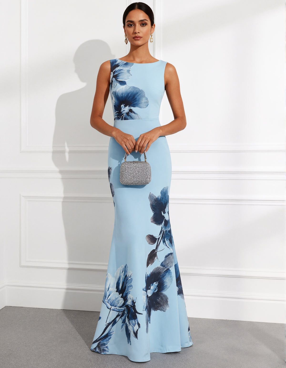Light Blue Floral Print Maxi Dress