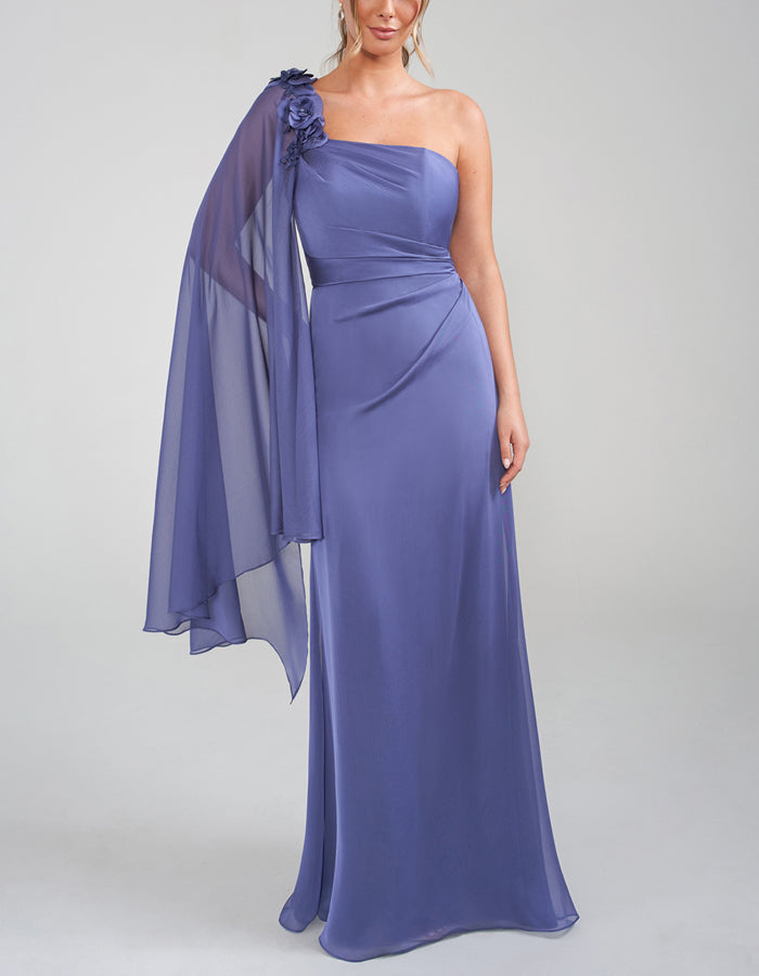 Purple Chiffon One Shoulder Draped Maxi Dress