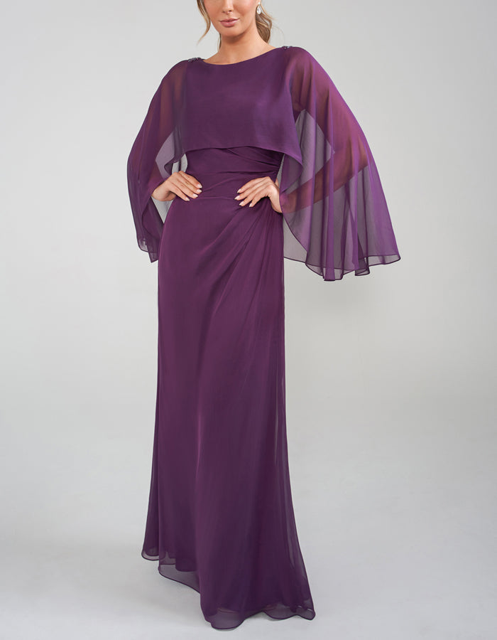 Purple Chiffon Shawl Sleeves Maxi Dress