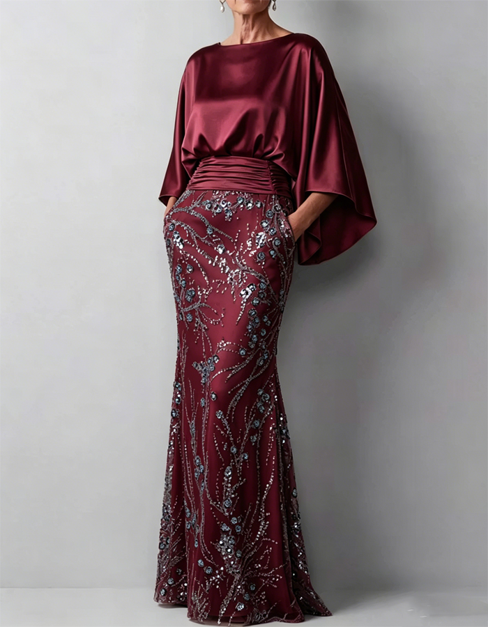 Vestido Maxi de Cetim com Capa e Mangas na Cor Champanhe