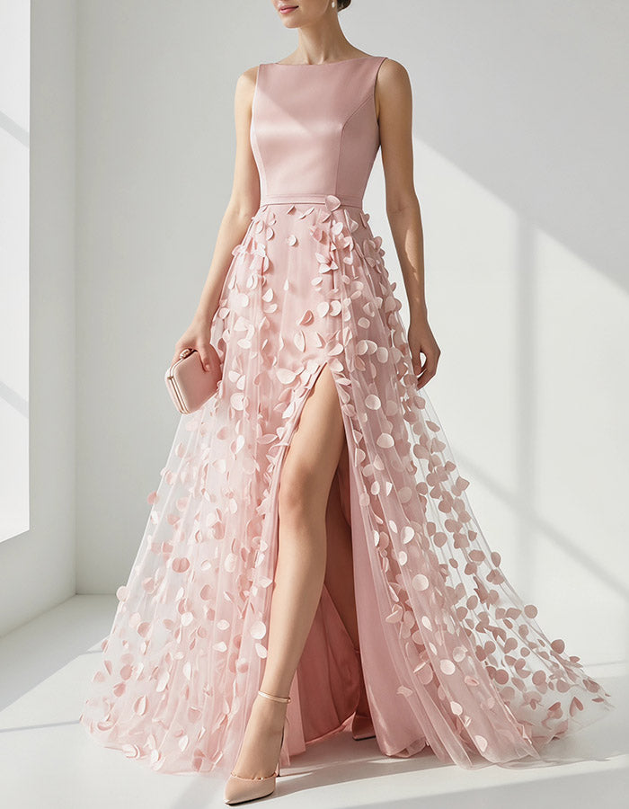 Pink Satin & Tulle Petal Appliqué Maxi Dress