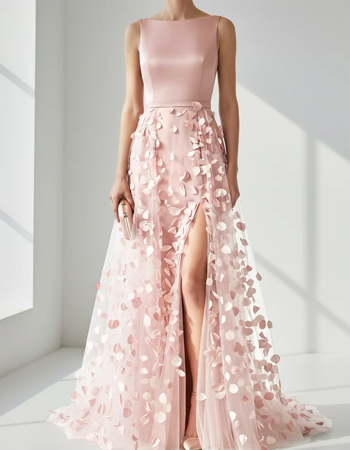 Maxikleid aus rosa Satin und Tüll mit Blütenblatt-Applikationen
