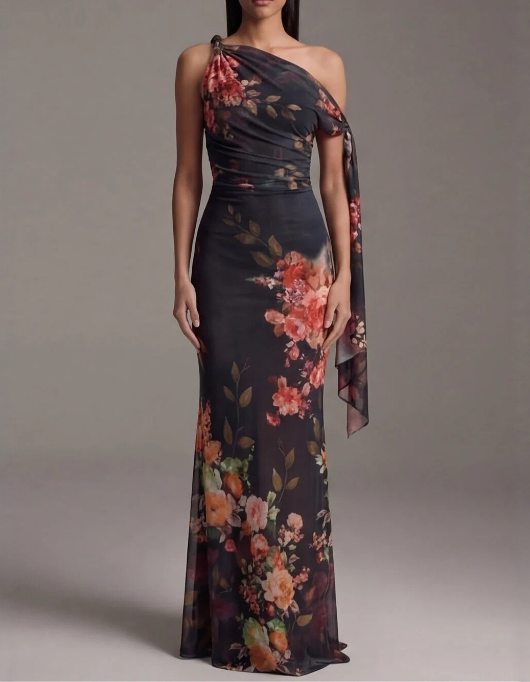 Black Chiffon Printed Off-Shoulder Straight Maxi Dress
