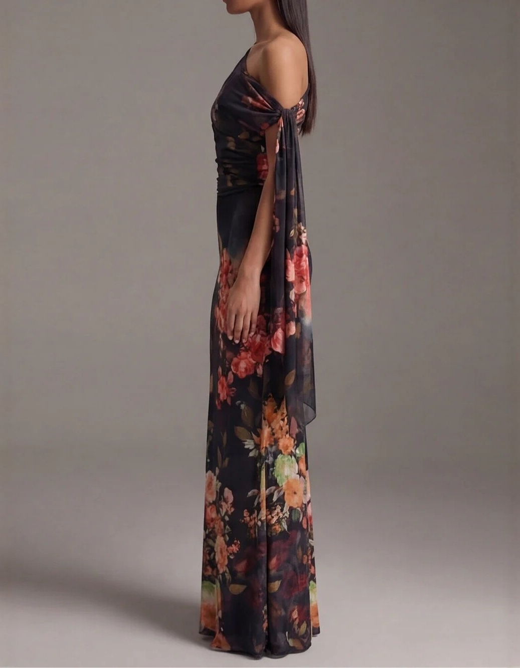 Black Chiffon Printed Off-Shoulder Straight Maxi Dress