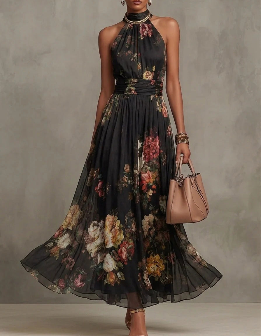 Black Chiffon Floral Print Halter Neck A-line Maxi Dress