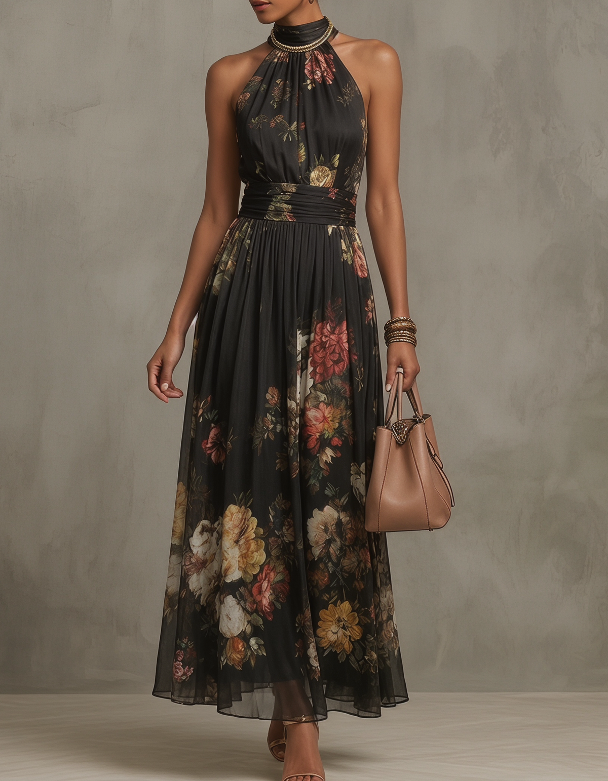 Vestido Maxi de Chiffon Preto com Estampa Floral, Decote Halter e A-Line