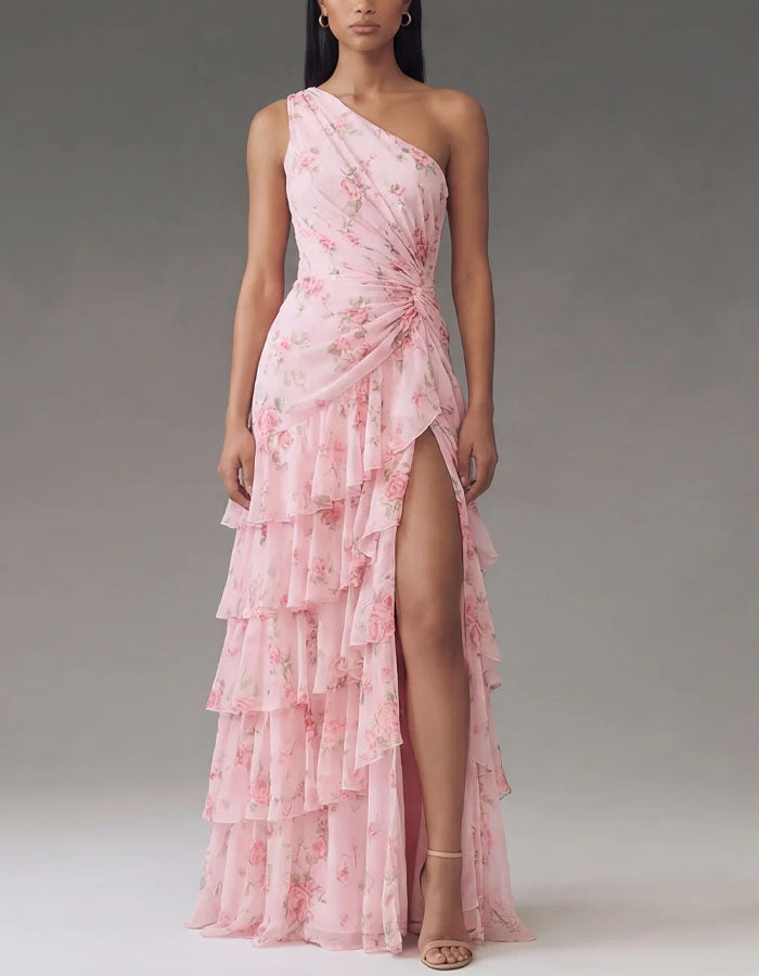 Robe maxi rose à fleurs en chiffon à une épaule avec volants  