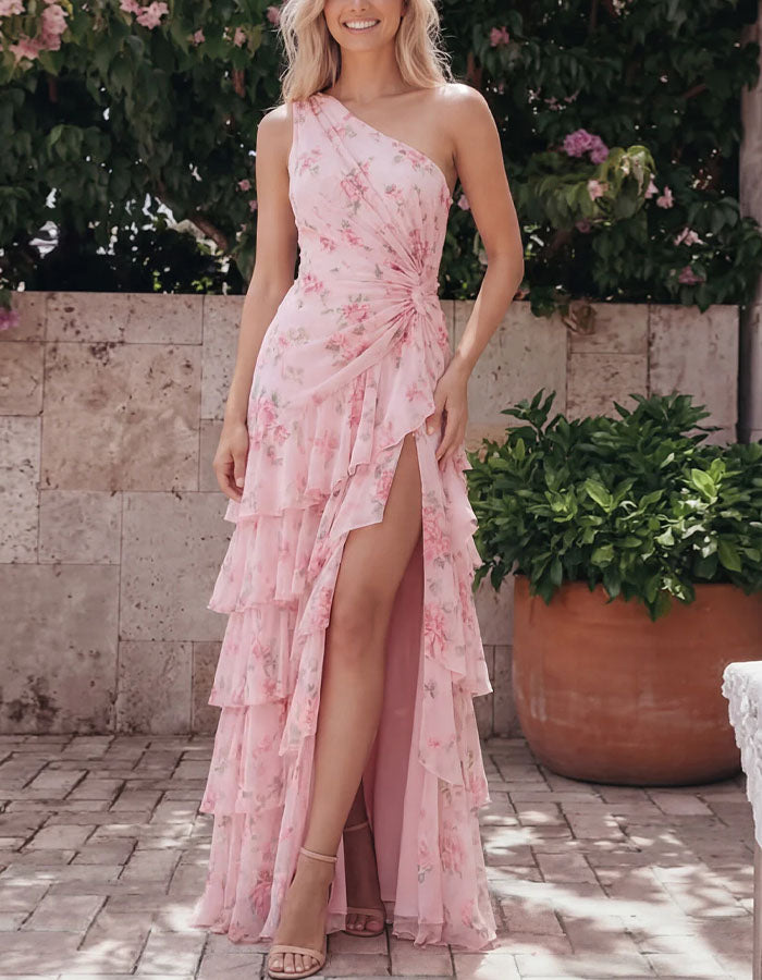 Pink Floral Chiffon One Shoulder Ruffle Maxi Dress