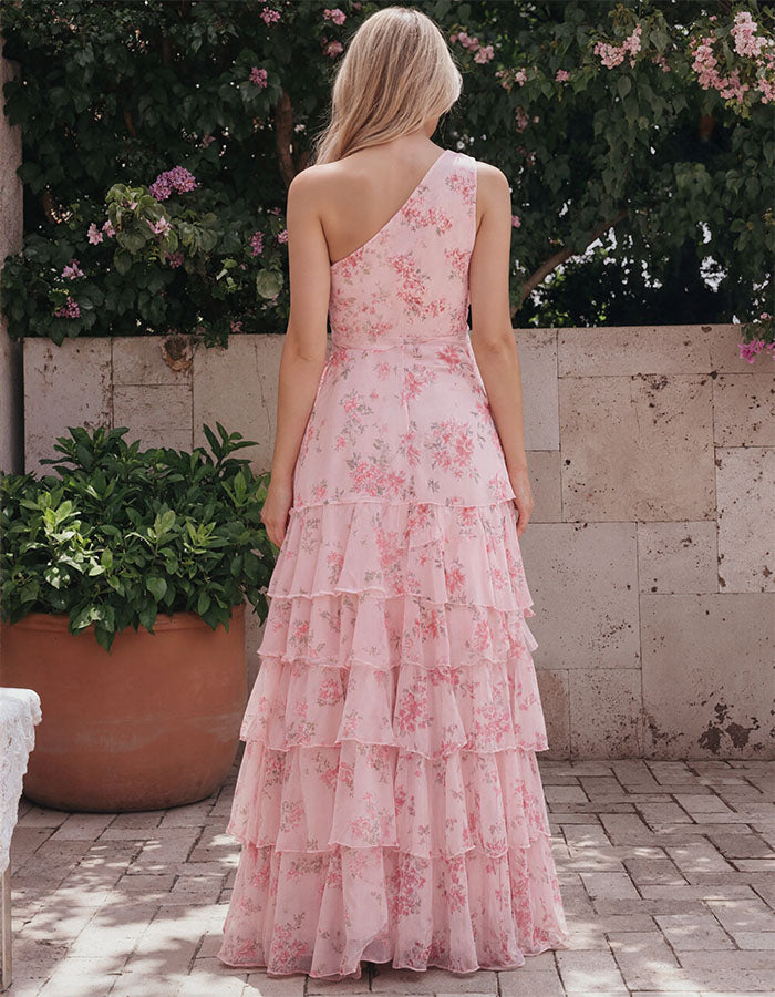 Rosa Maxikleid aus Chiffon mit Blumenmuster, einer Schulter und Rüschen