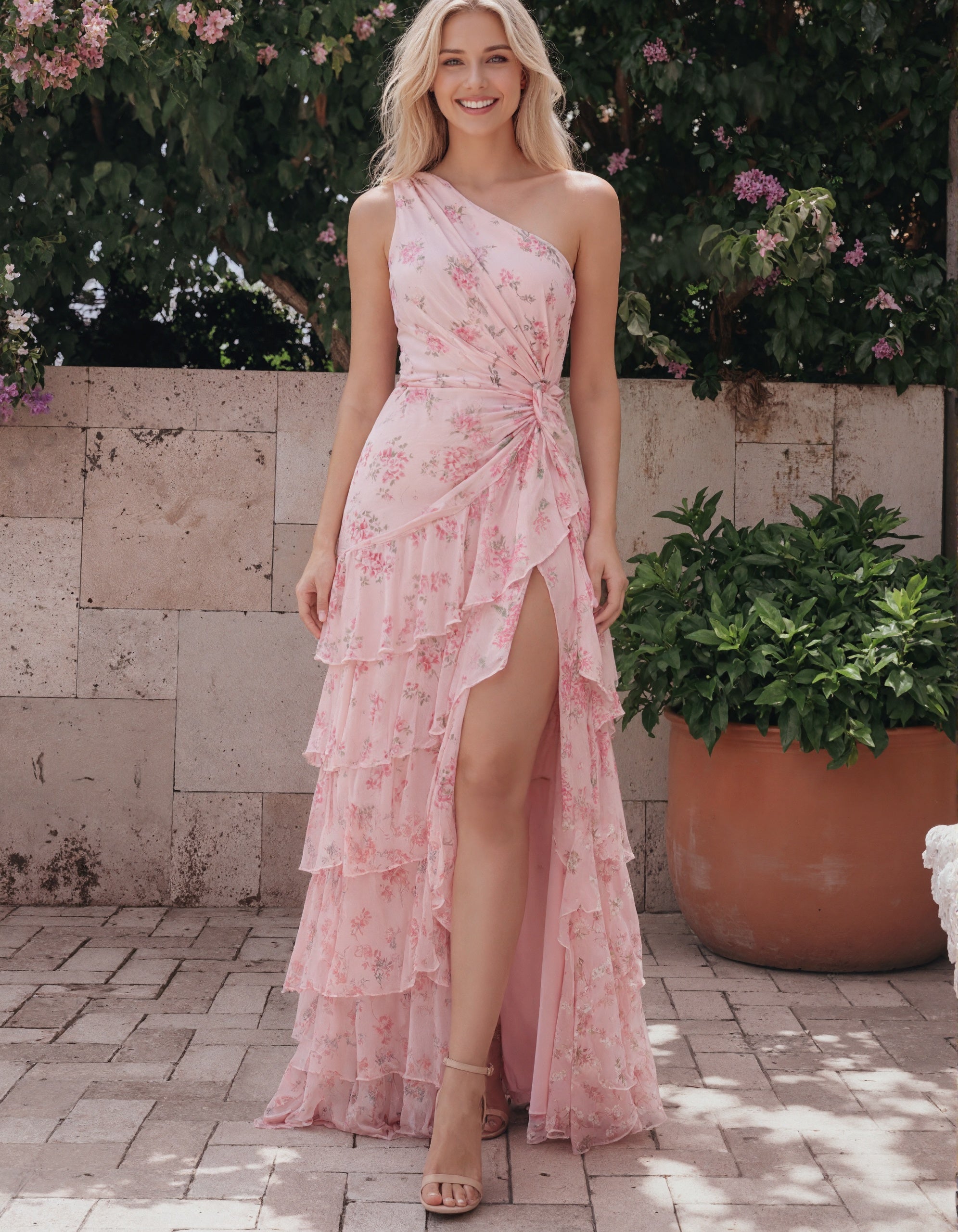 Rosa Maxikleid aus Chiffon mit Blumenmuster, einer Schulter und Rüschen