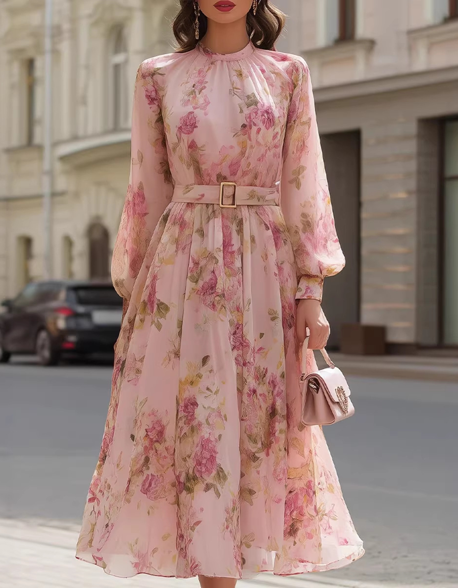 Pink Chiffon Floral Print Crew Neck A-line Midi Dress