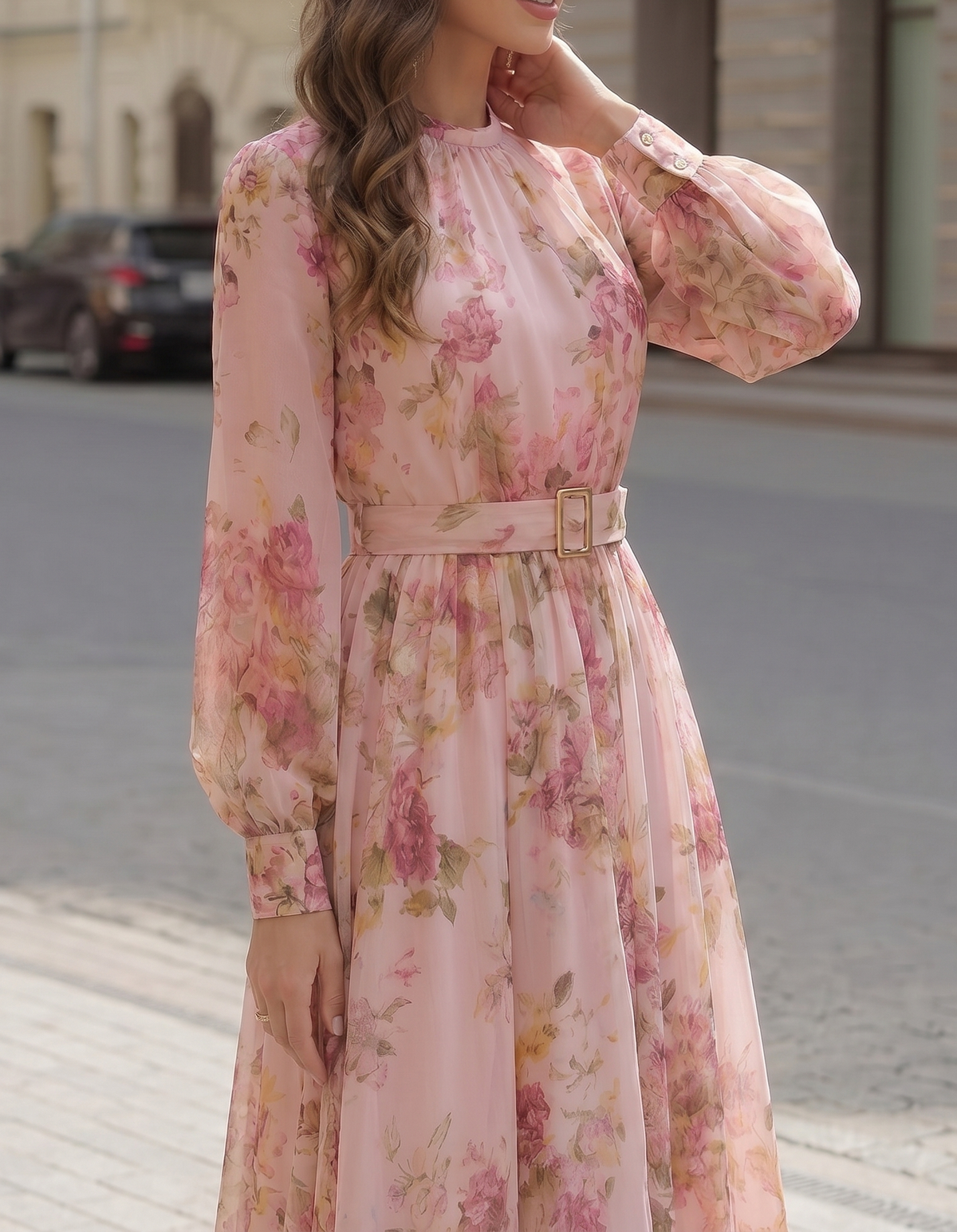 Rosa Chiffon Midikleid mit Blumenmuster, Rundhalsausschnitt und A-Linie