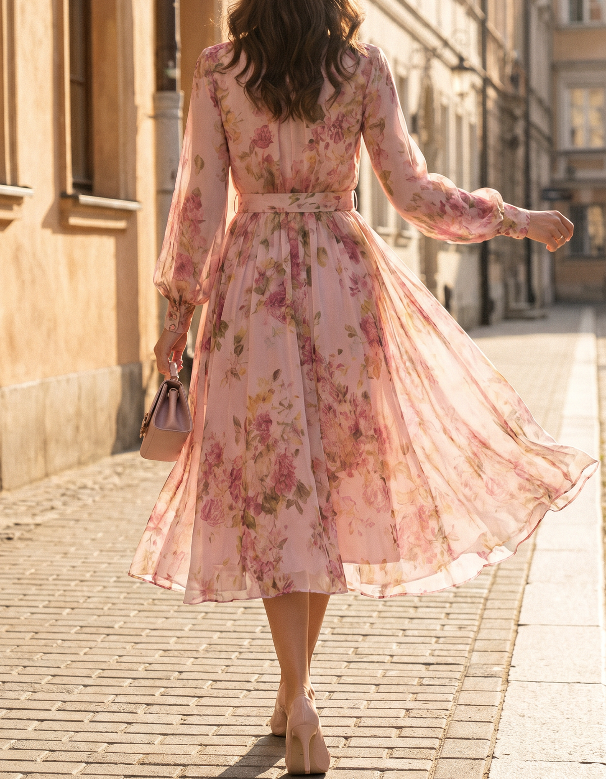 Rosa Chiffon Midikleid mit Blumenmuster, Rundhalsausschnitt und A-Linie