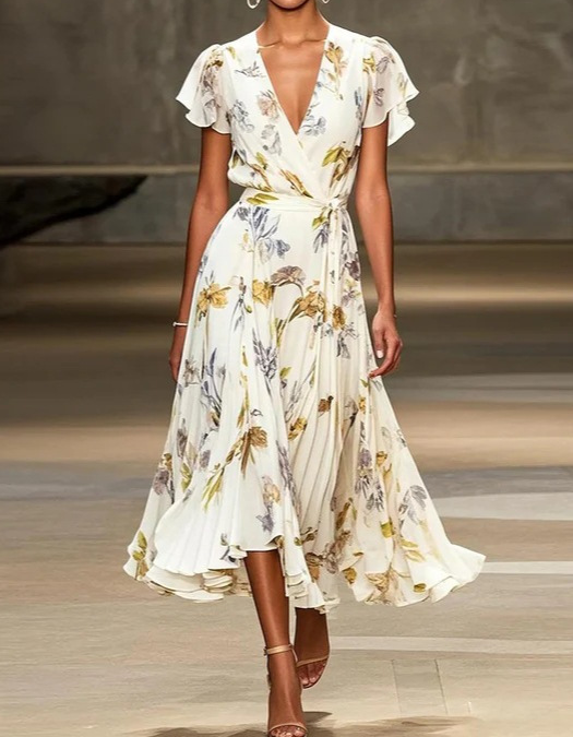 White Chiffon Printed A-line Midi Dress