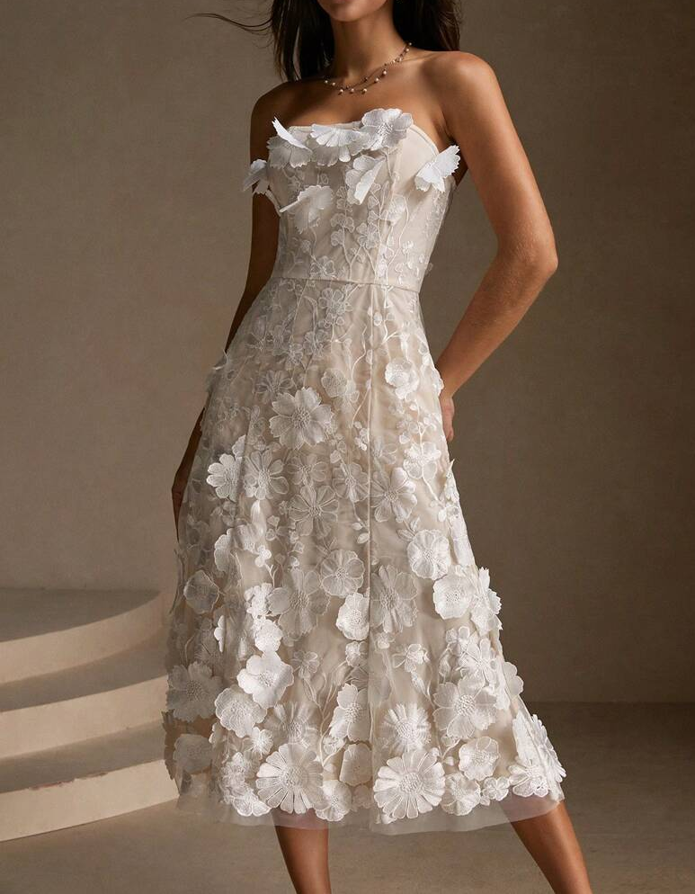 Strapless Chiffon Lace Embroidered Midi Dress