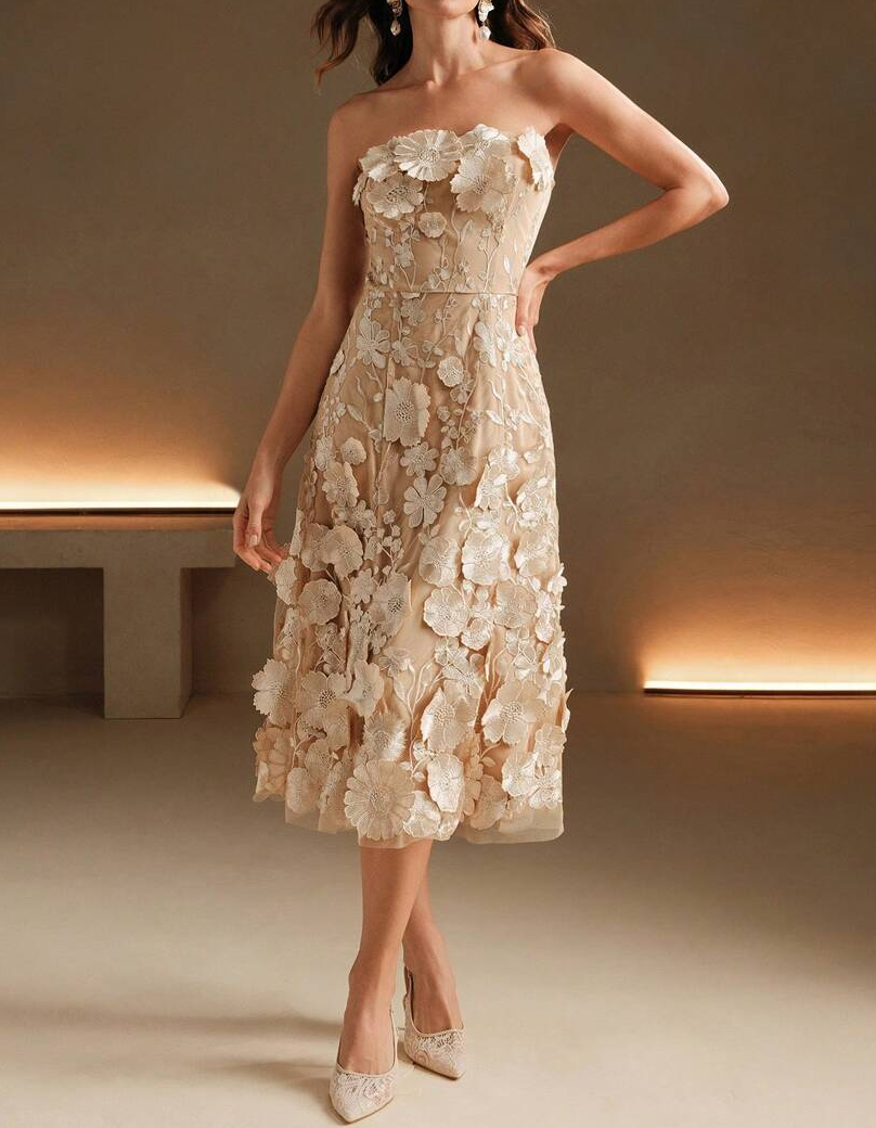 Strapless Chiffon Lace Embroidered Midi Dress