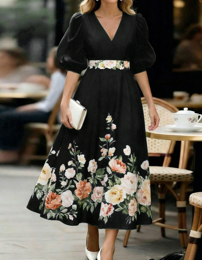 Chiffon V-neck Floral Print Puff Sleeve Fitted Waist Midi Dress