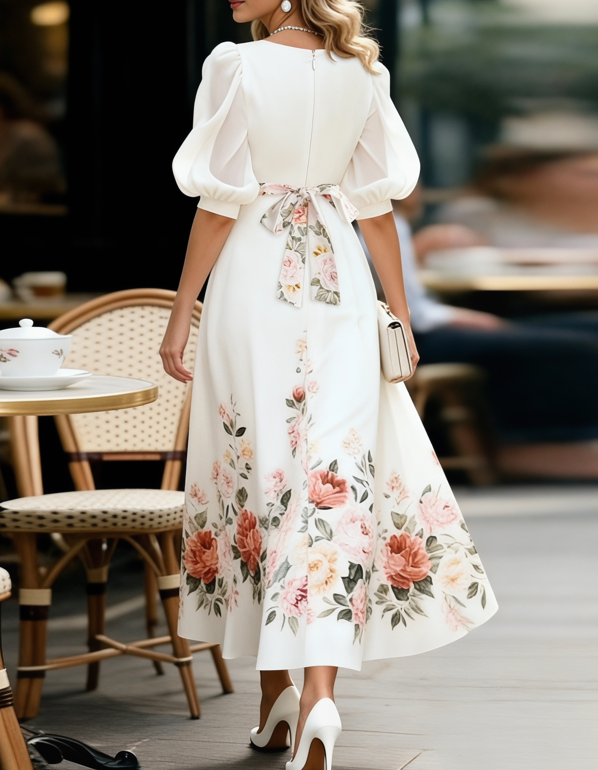 Abito midi in chiffon con scollo a V, stampa floreale, maniche a sbuffo e vita aderente