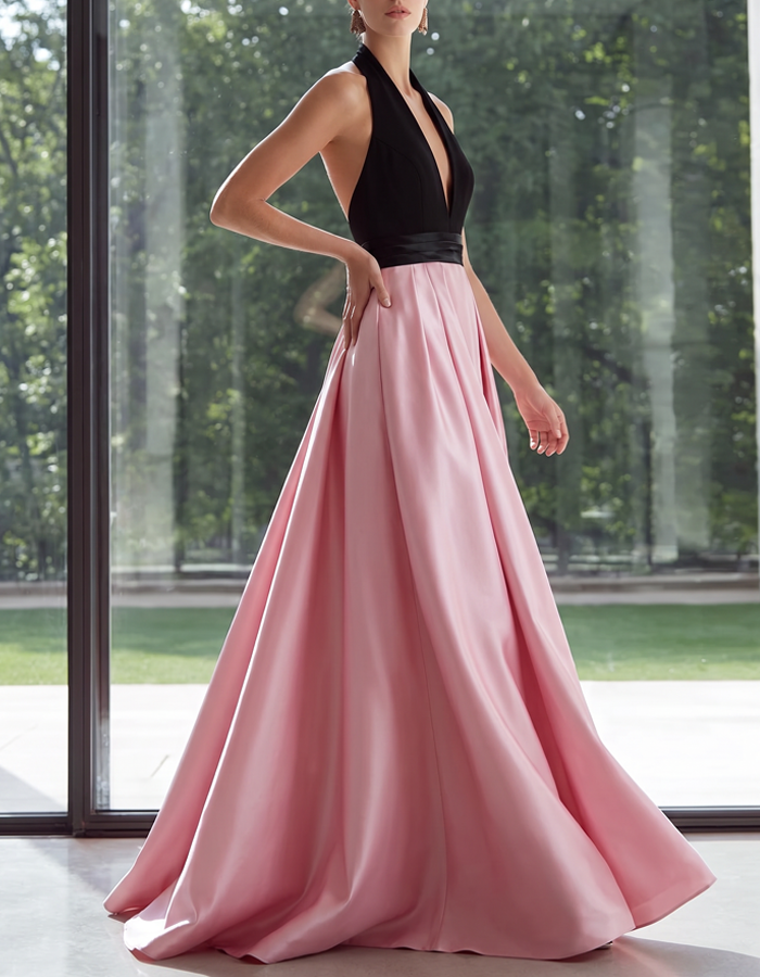 Vestido Maxi de Cetim Preto e Rosa