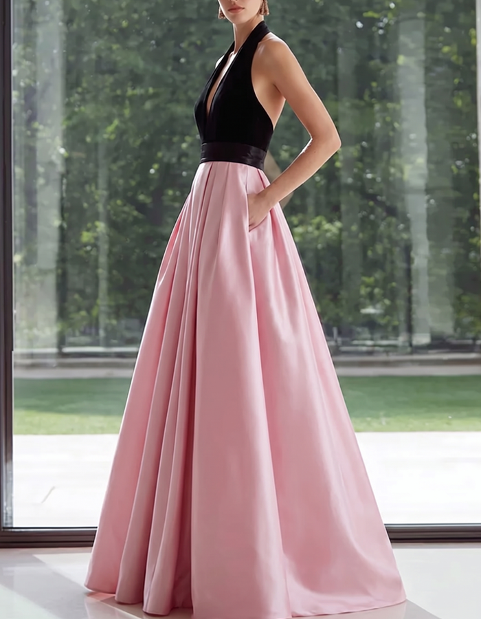 Vestido Maxi de Cetim Preto e Rosa