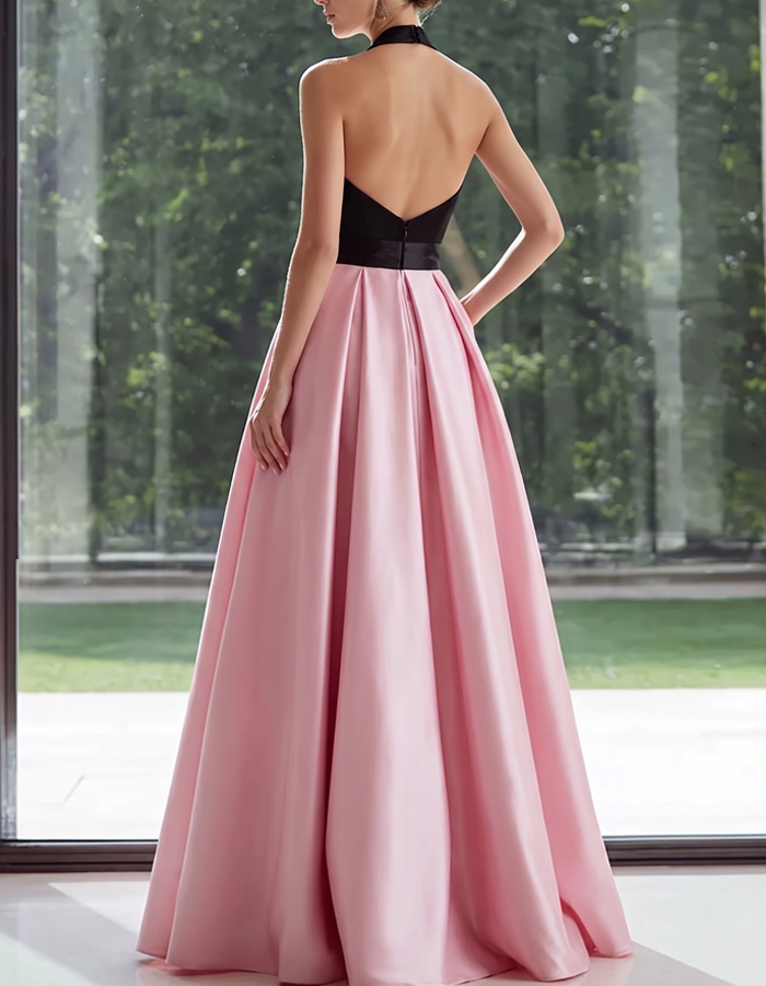 Vestido Maxi de Cetim Preto e Rosa