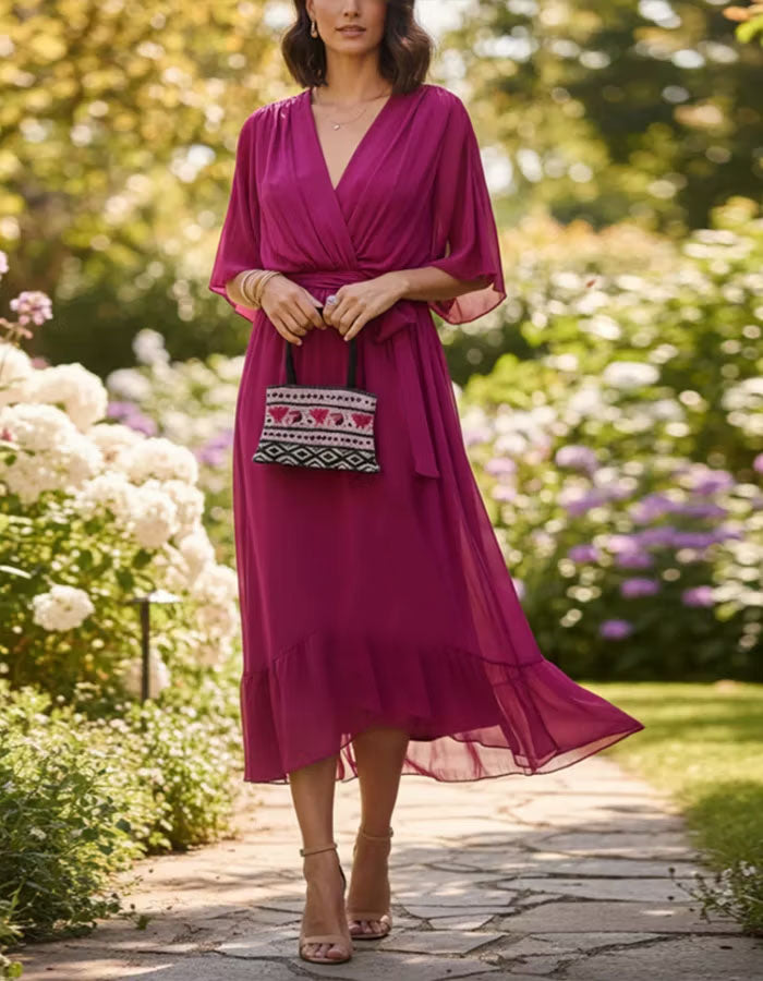 Vestido midi de gasa con volantes, cuello en V y color sólido  