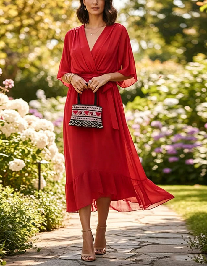 Midi-jurk van effen kleur chiffon met V-hals en ruches