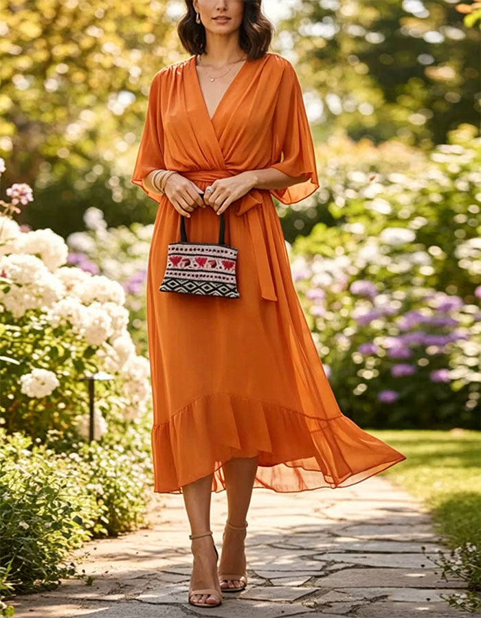 Vestido midi de gasa con volantes, cuello en V y color sólido  