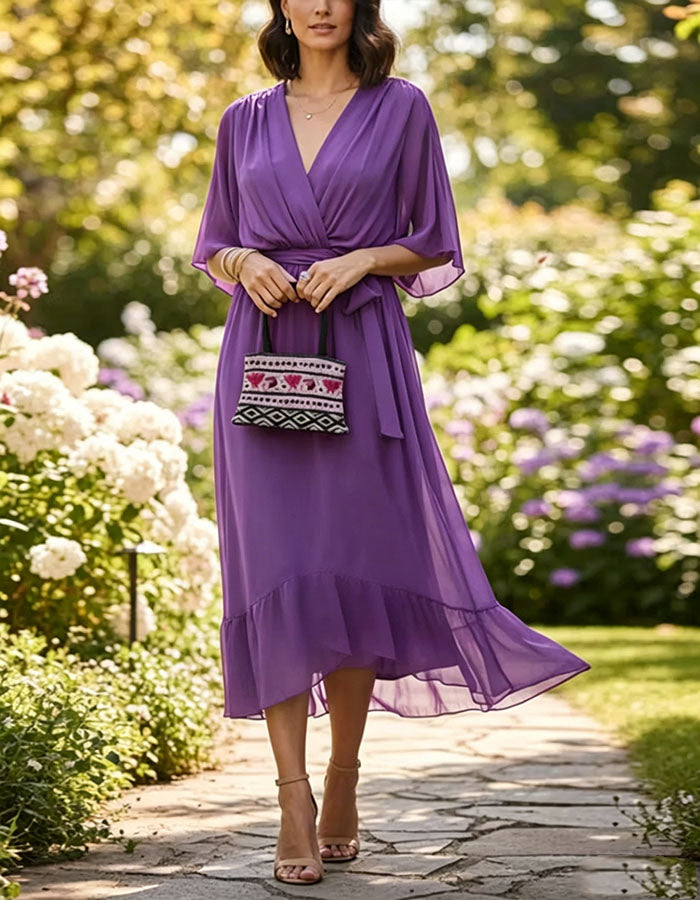 Vestido midi de gasa con volantes, cuello en V y color sólido  