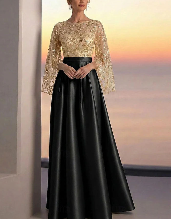 Vestido Maxi de Cetim com Lantejoulas Douradas de Cor Sólida